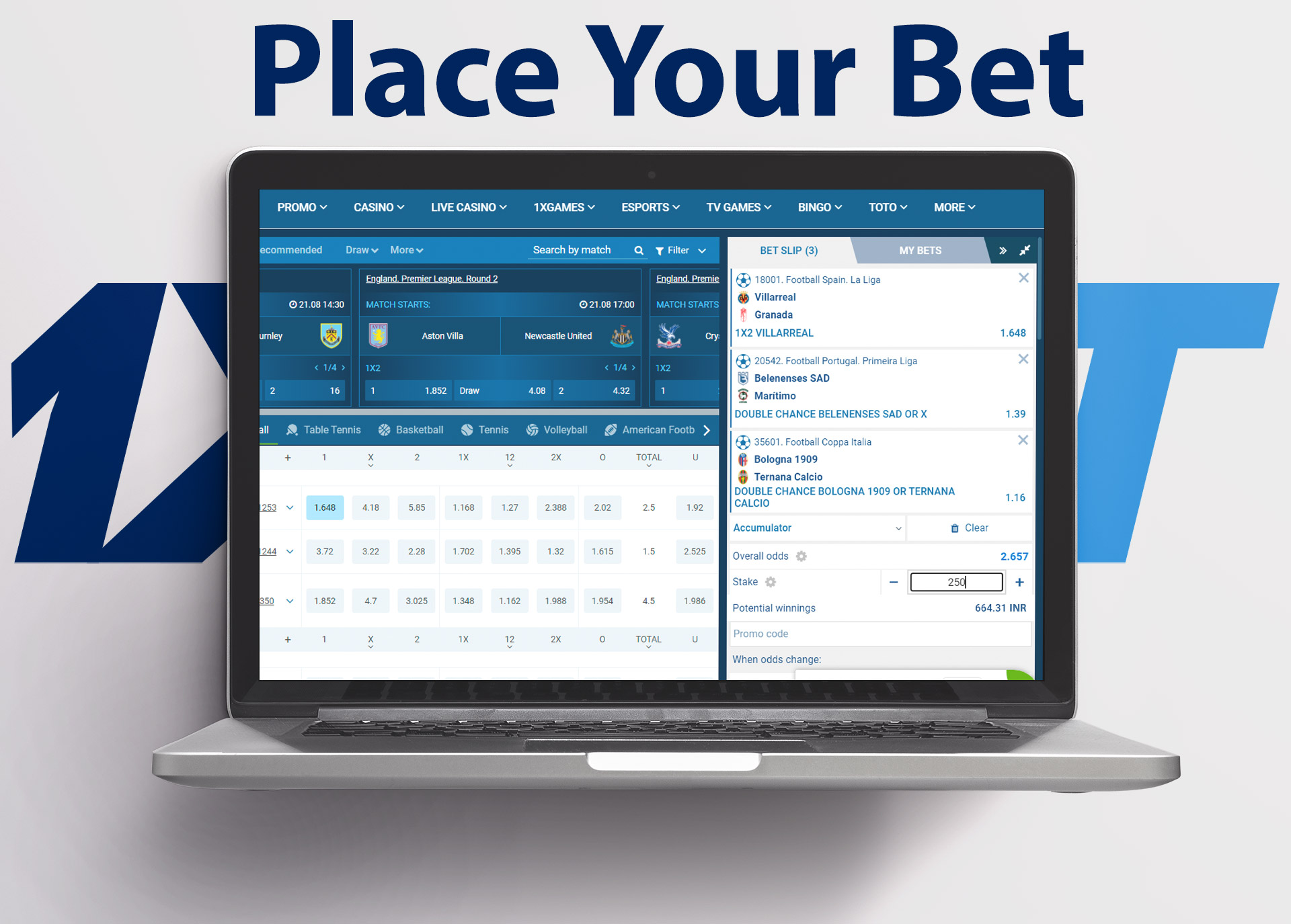 Choose a football event, specify the amount of your bet and place the bet.