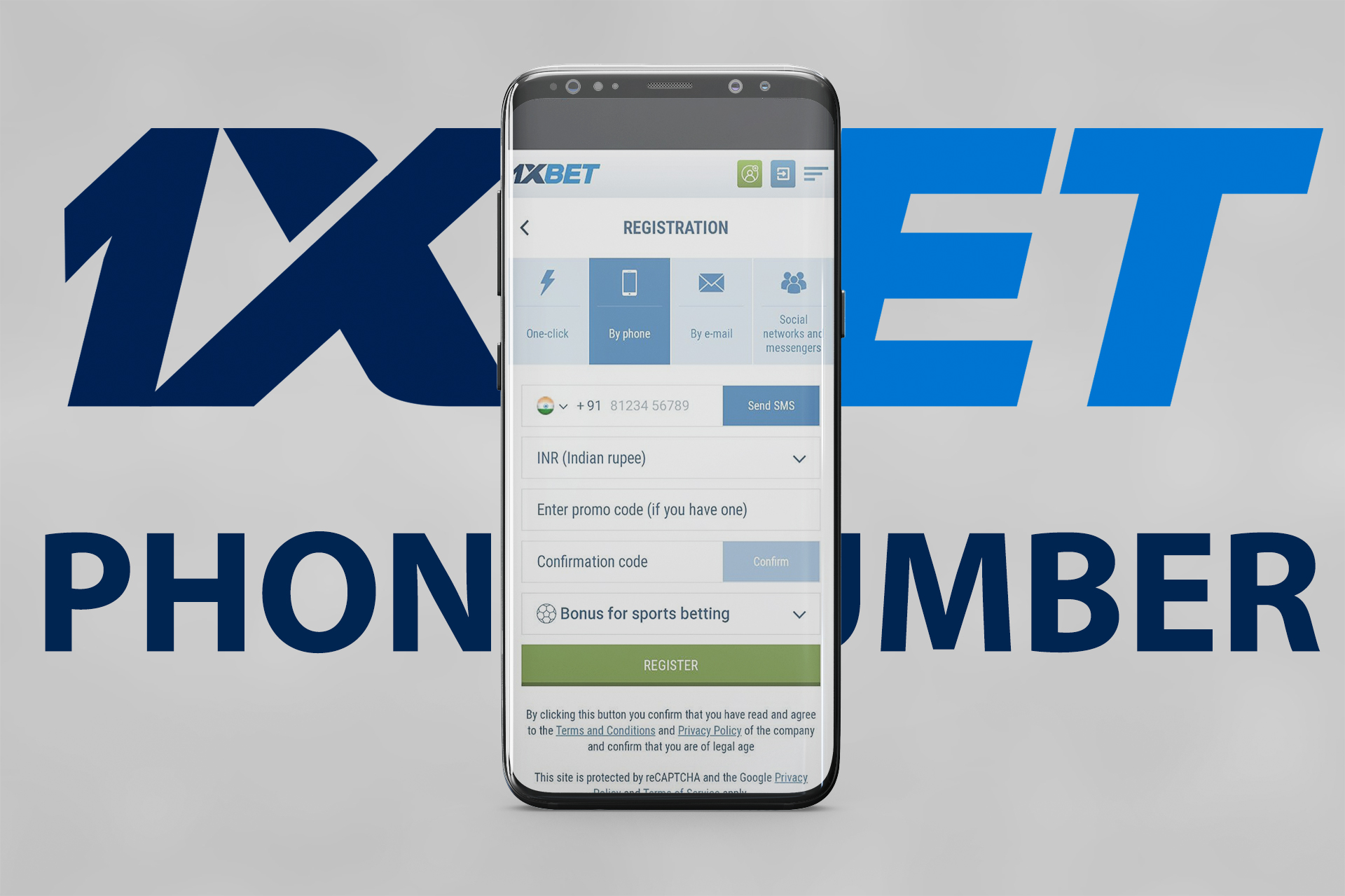 Use your phone numbet to sign up for 1xbet.