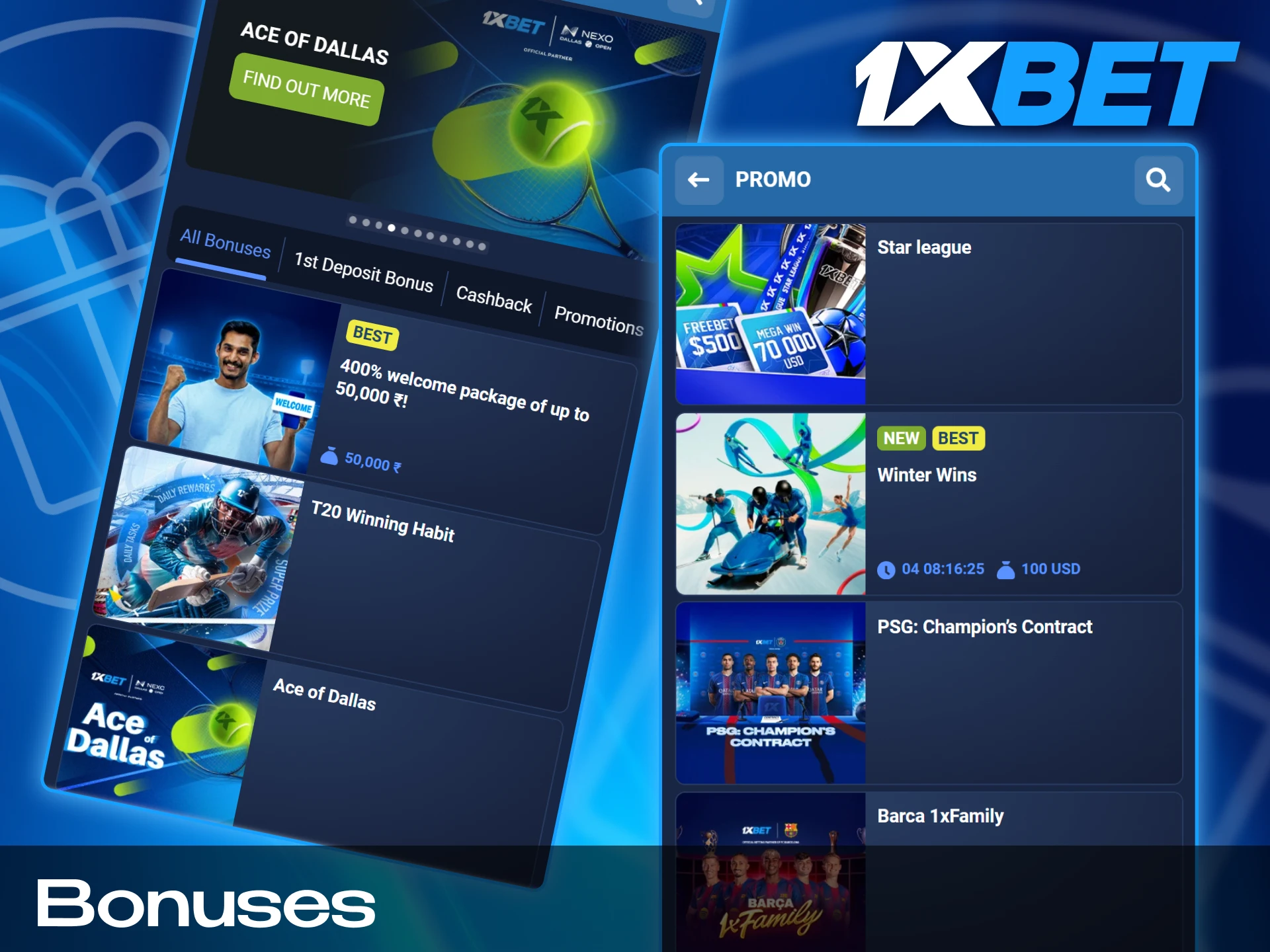 Display of exclusive mobile promotions and welcome bonuses for 1xBet India users.
