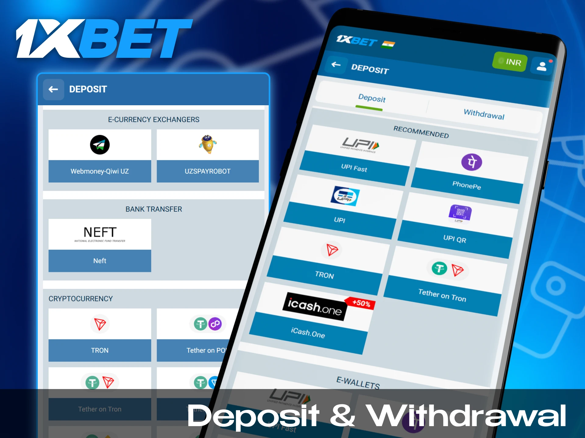 In the 1xbet app you can use all the same deposit methods as in the web version.