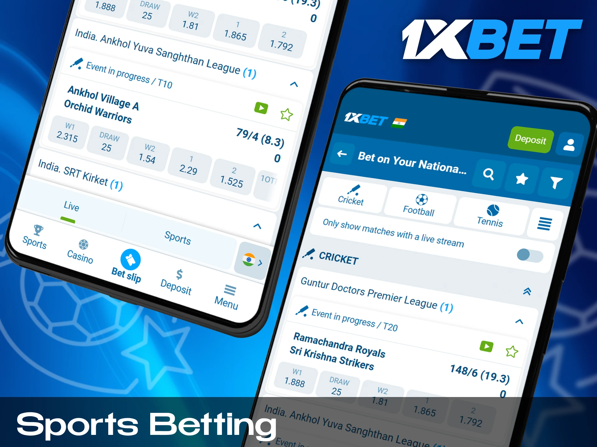 Selection of major sports markets including Cricket and Football available on the 1xBet app.