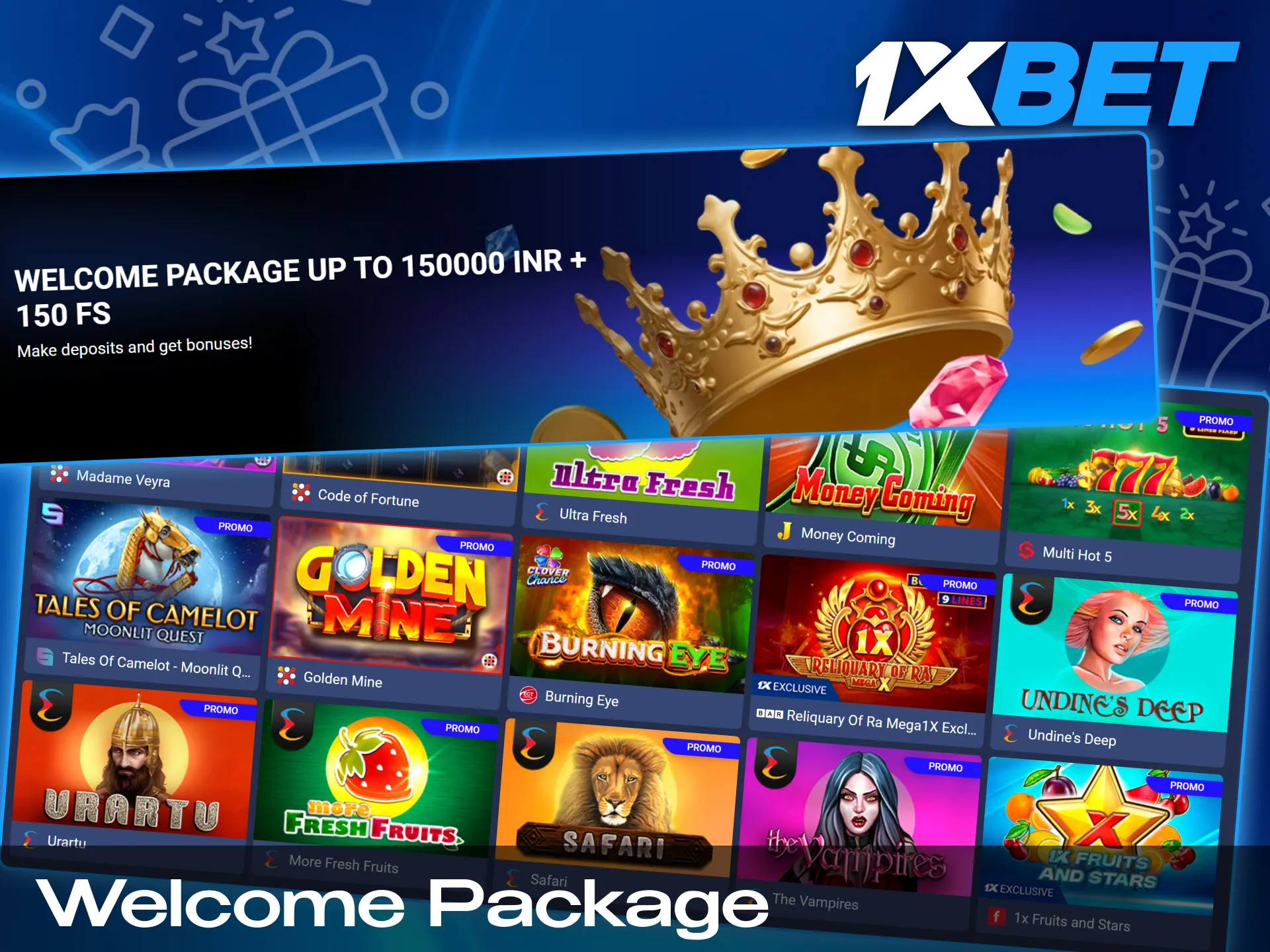 Multi stage welcome bonus for new casino users including deposit matches and free spins on 1xBet India.
