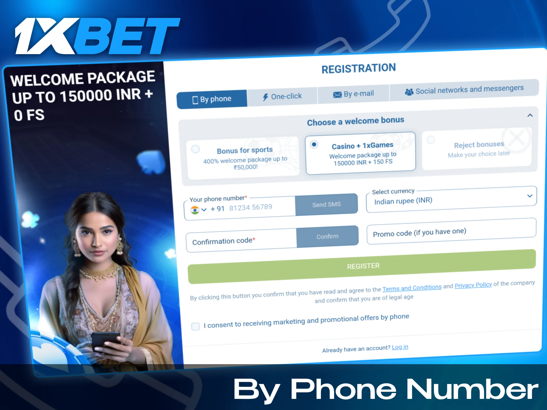 You can register at 1xbet using your phone number.