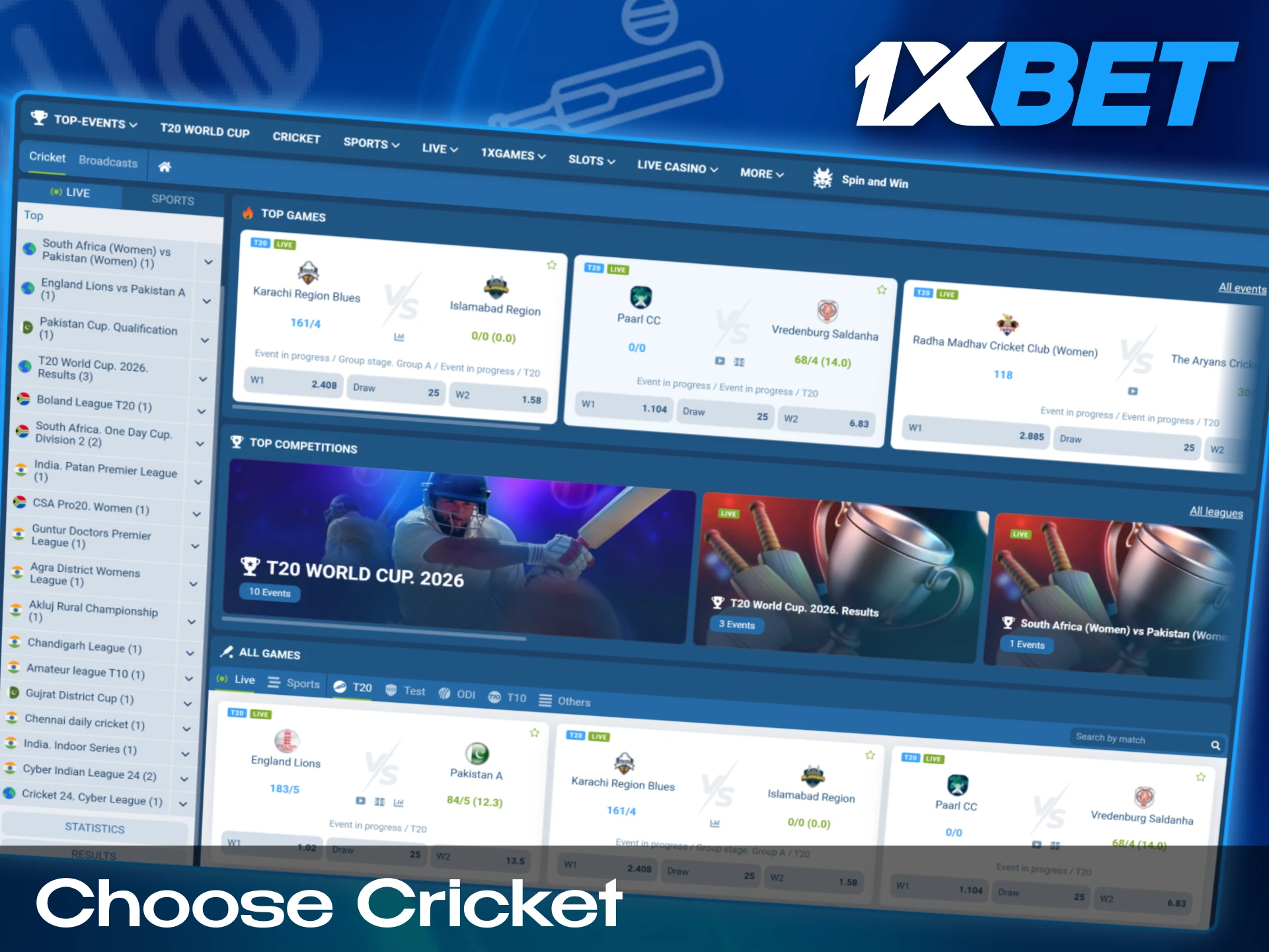 Choose cricket among other sports in 1xbet sportsbook.