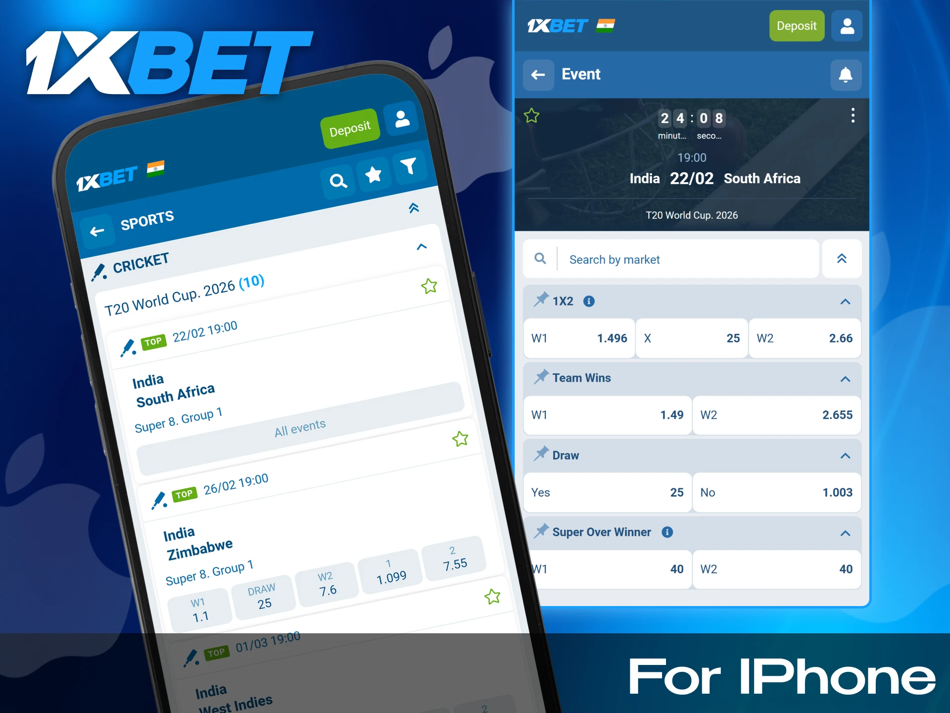 Visual display of the optimized sports betting interface and specialized features for iOS devices on 1xBet India.