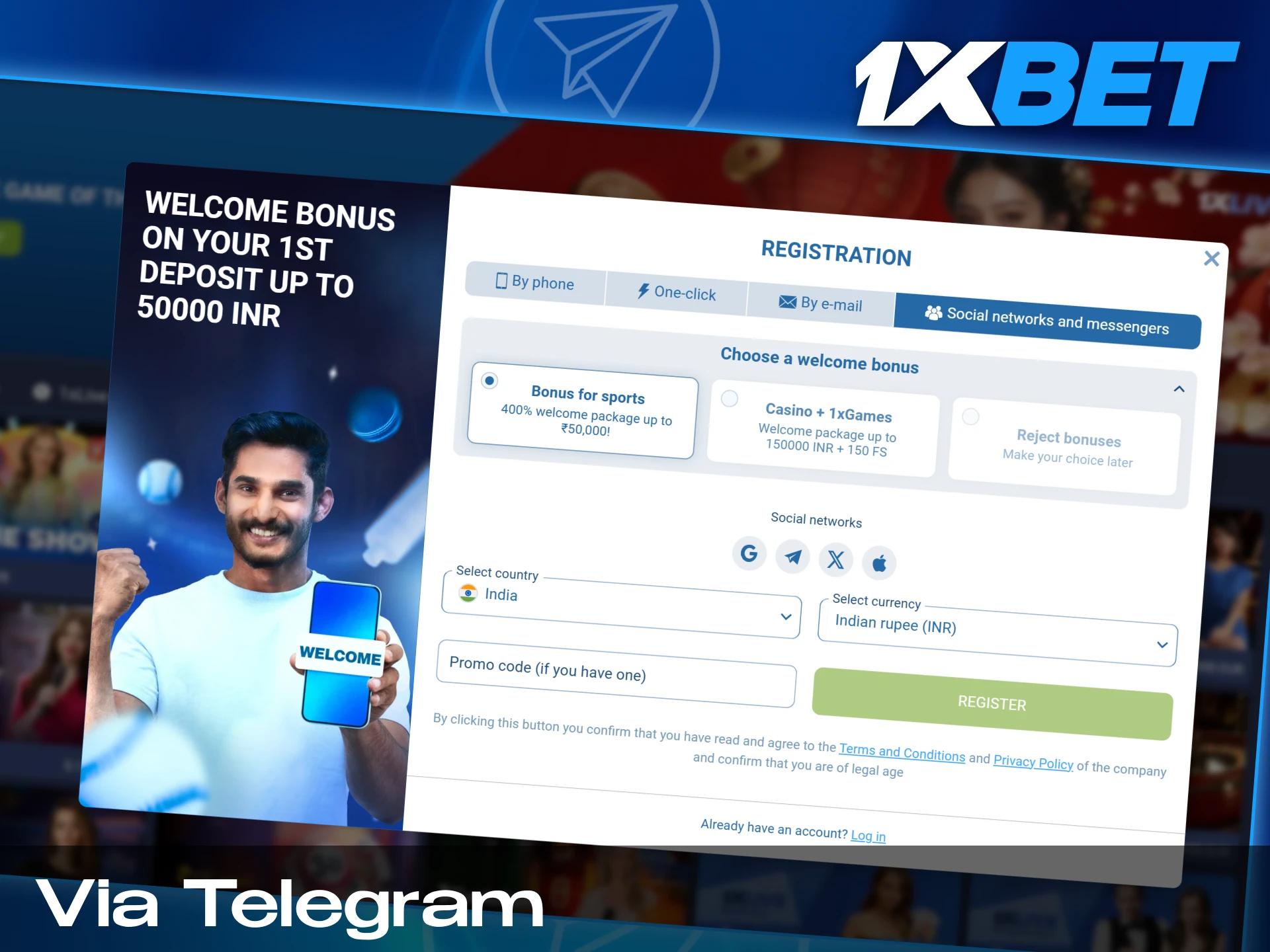 Social networks is another great way for quick registration in 1xbet.