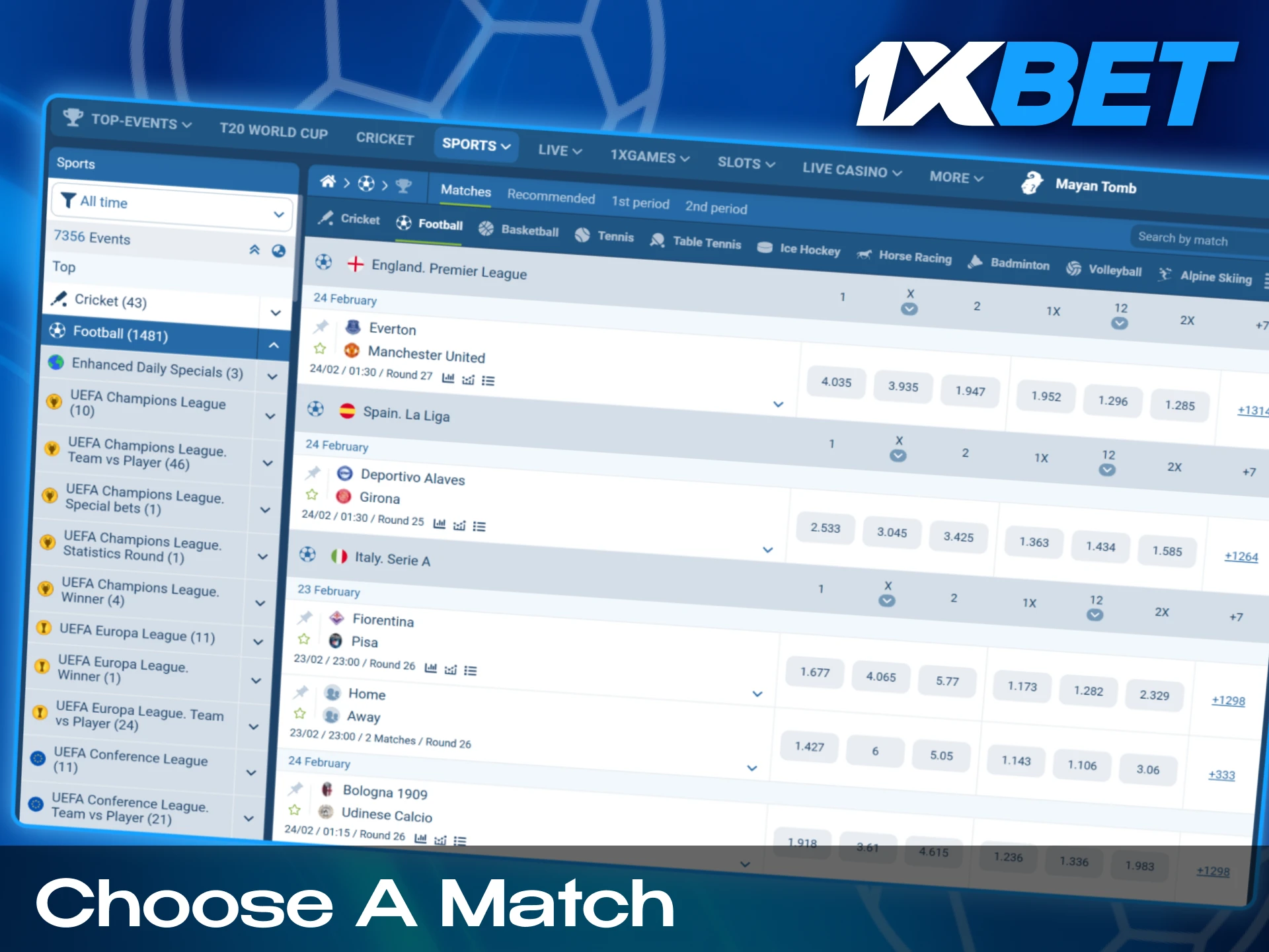 Navigating the 1xBet India sportsbook to select a specific football match from various domestic and international leagues.