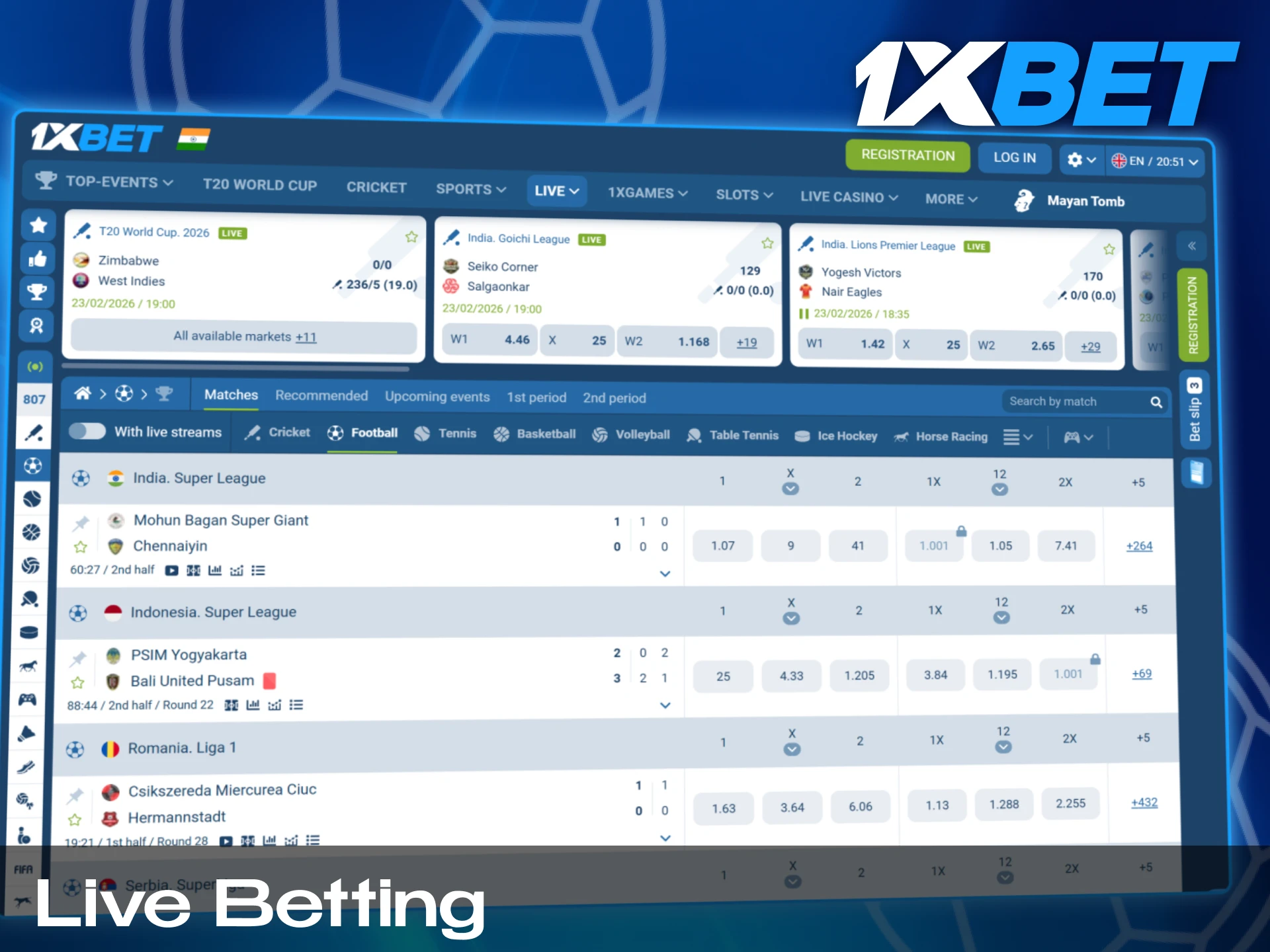 On 1xbet you can also wathc footbal matches and place bets in-play.