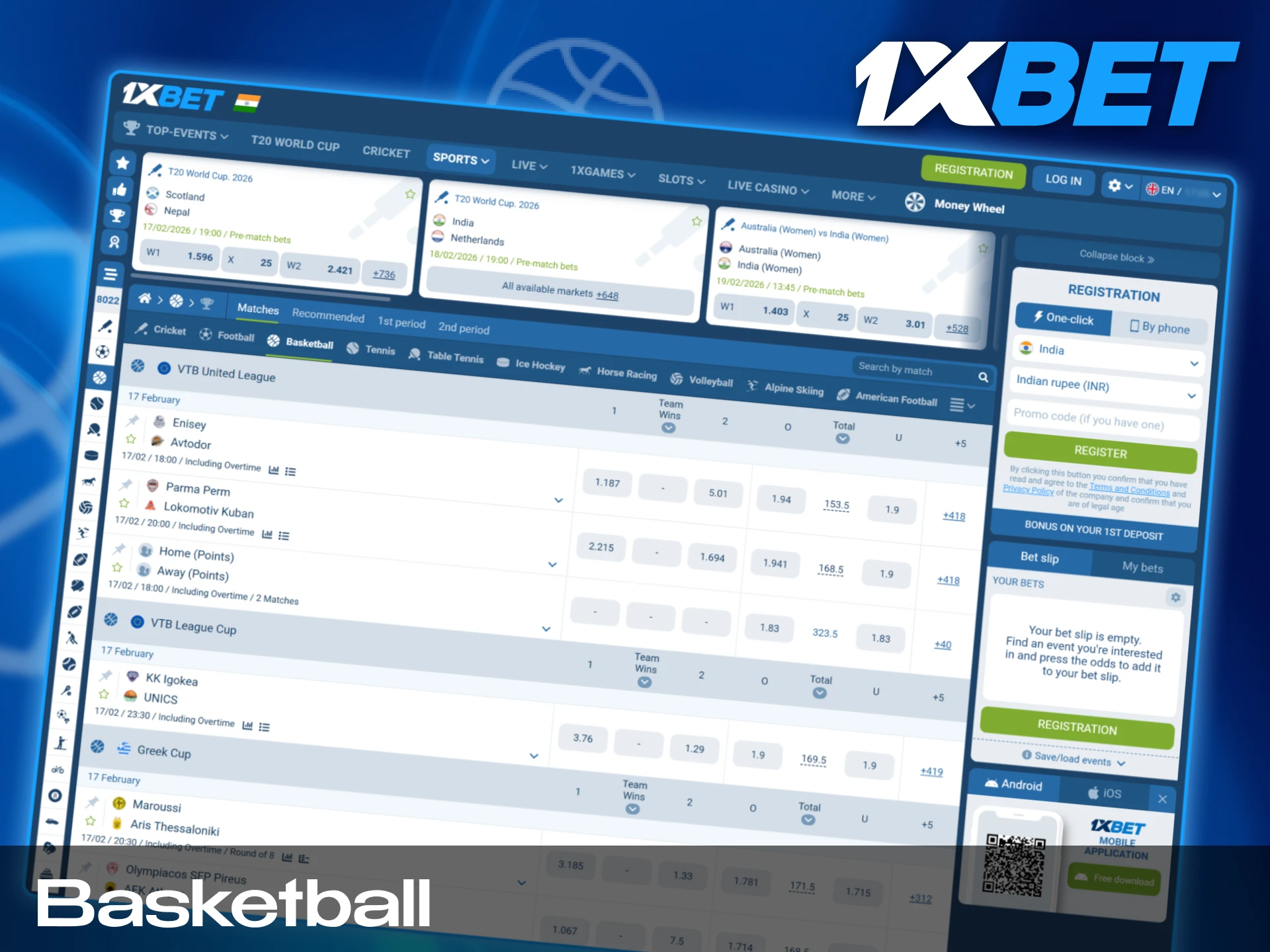 Betting options for NBA and international basketball tournaments available on the 1xBet India platform.