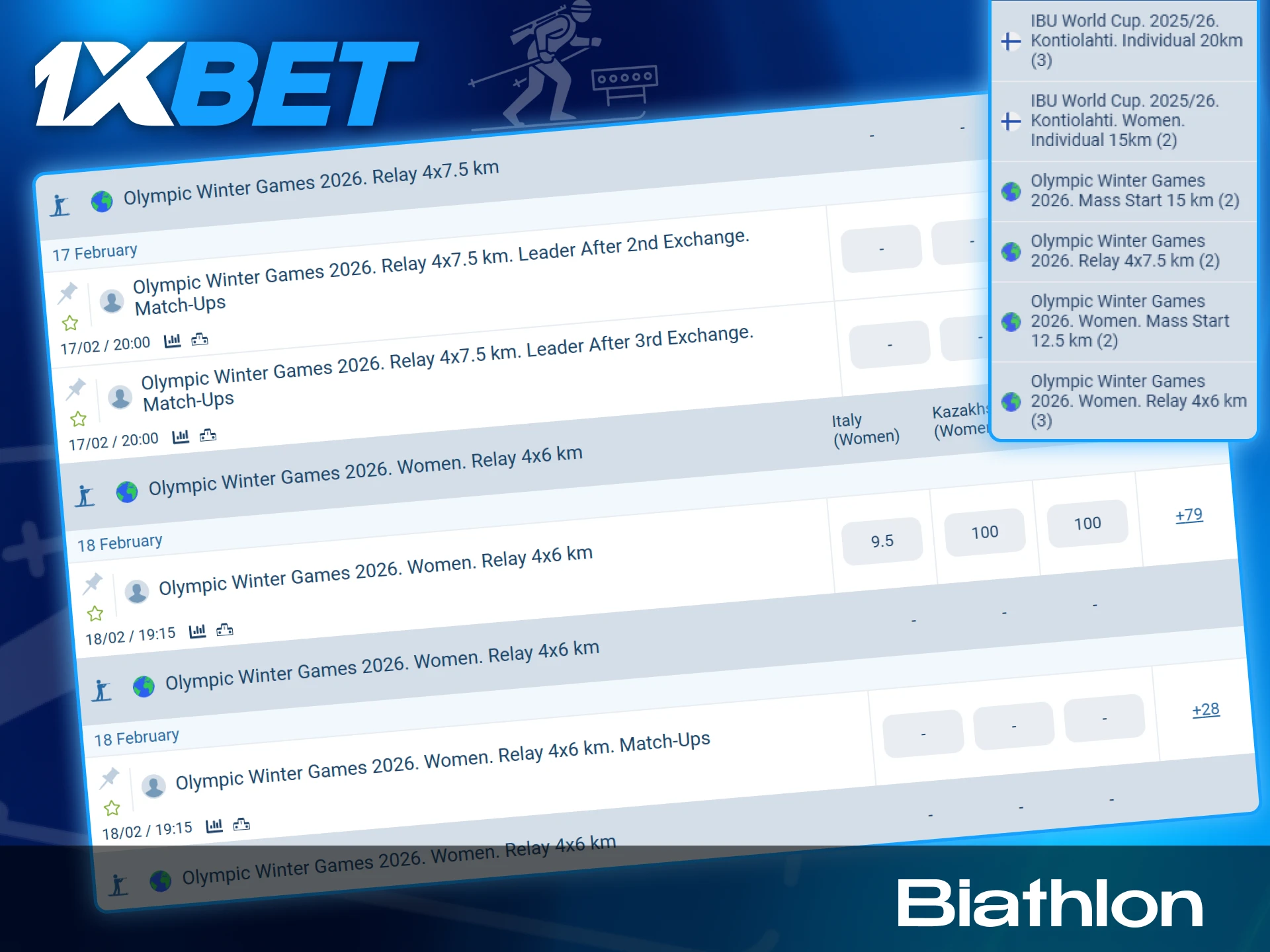 Winter sports betting options and race results for international biathlon competitions on 1xBet India.