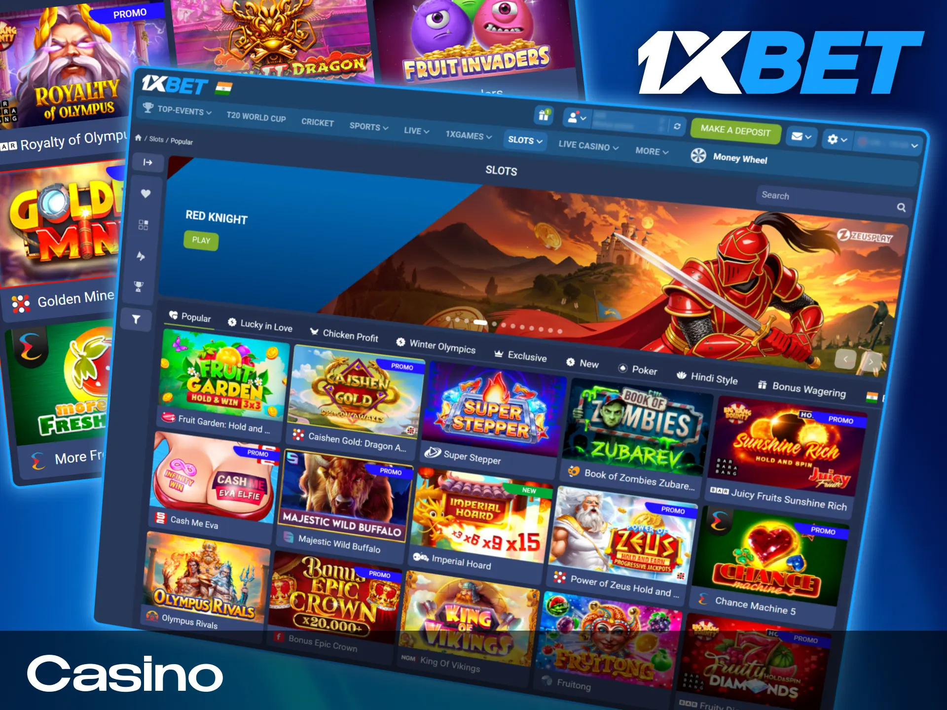 Collection of live dealer games slot machines and classic casino titles on 1xBet India.