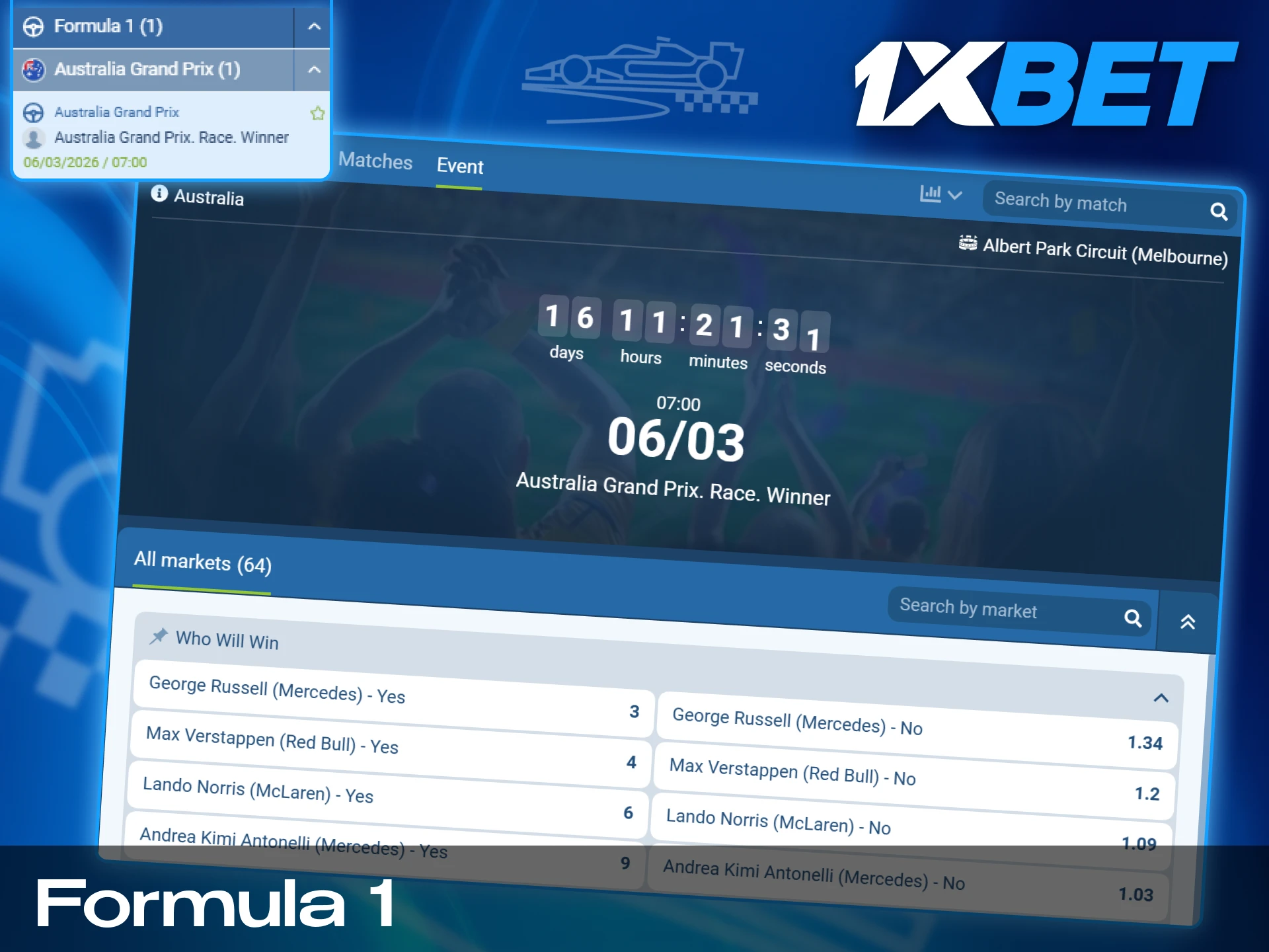 Real time odds and race betting markets for Formula 1 Grand Prix events on 1xBet India.