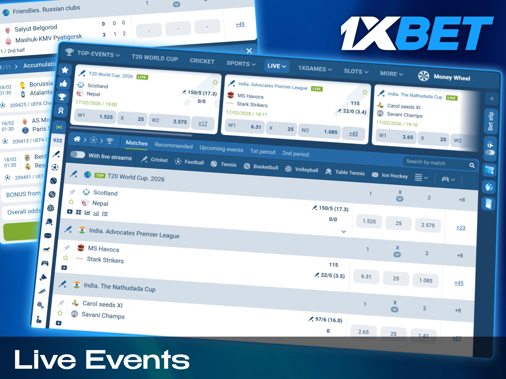 Real time odds and interactive betting markets for ongoing sports matches on 1xBet India.
