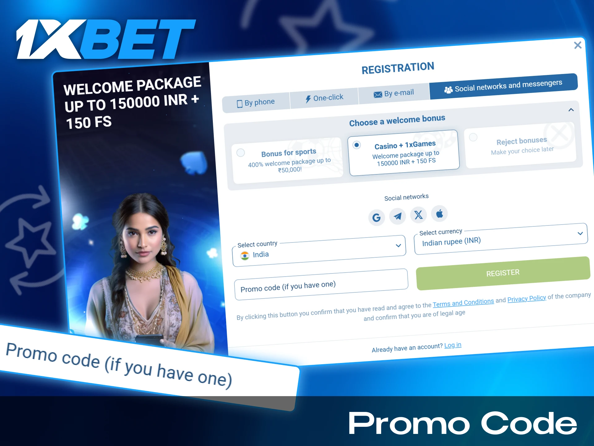 Promo code for an extra bonus when registering at 1xBet.