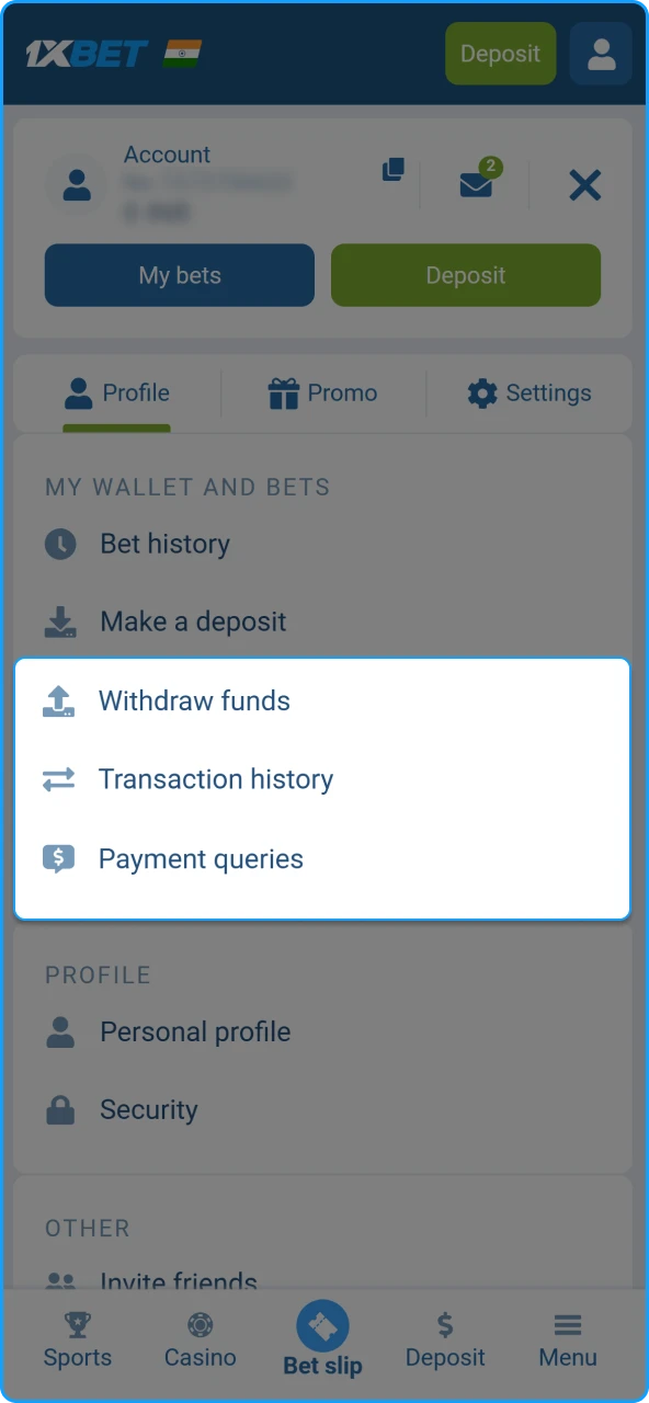 Monitoring the progress of a pending payout request in the 1xBet India transaction history.