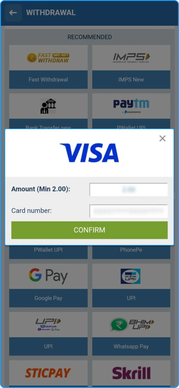 Selecting a preferred payout option such as UPI Netbanking or e wallets on 1xBet India.