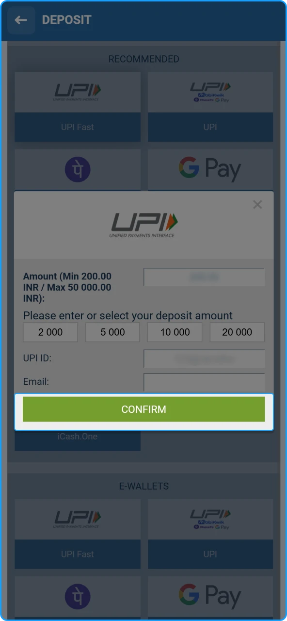 Confirming the transaction to complete the deposit to the 1xBet India wallet.