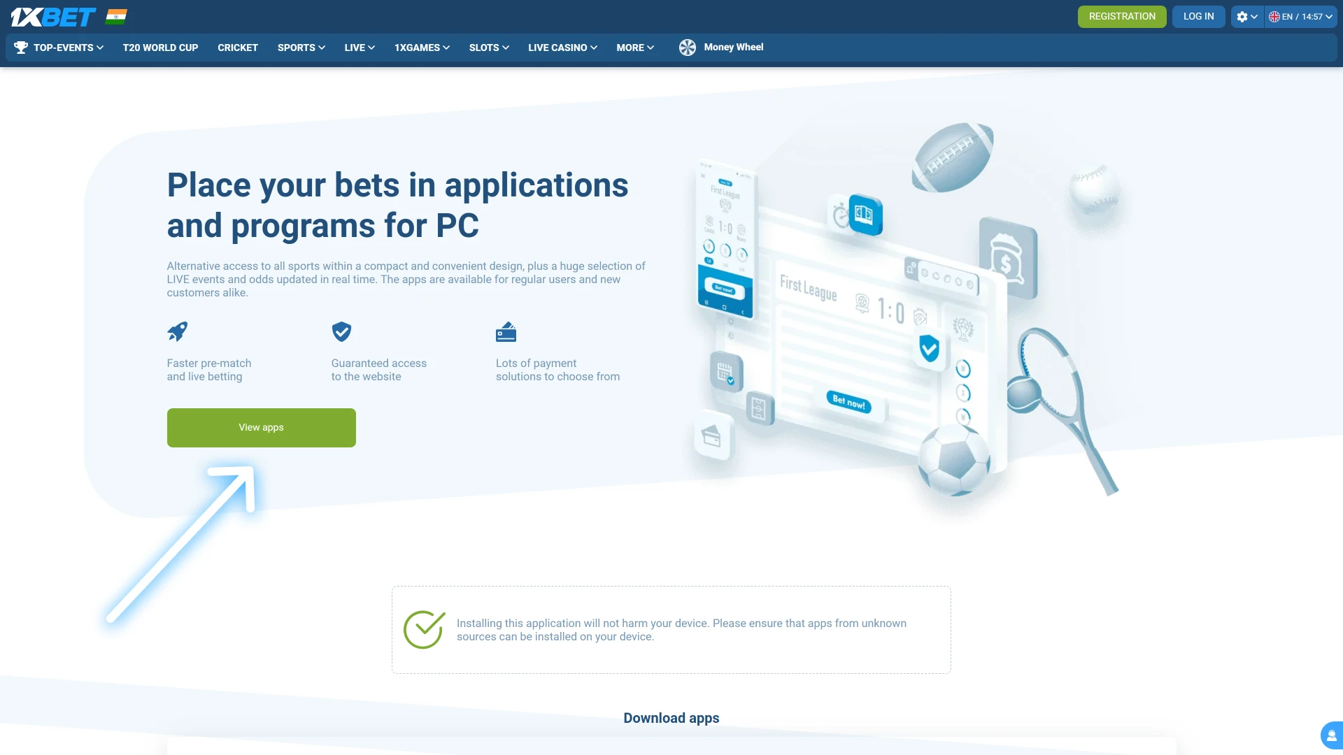 Accessing the dedicated desktop applications category within the 1xBet India platform.