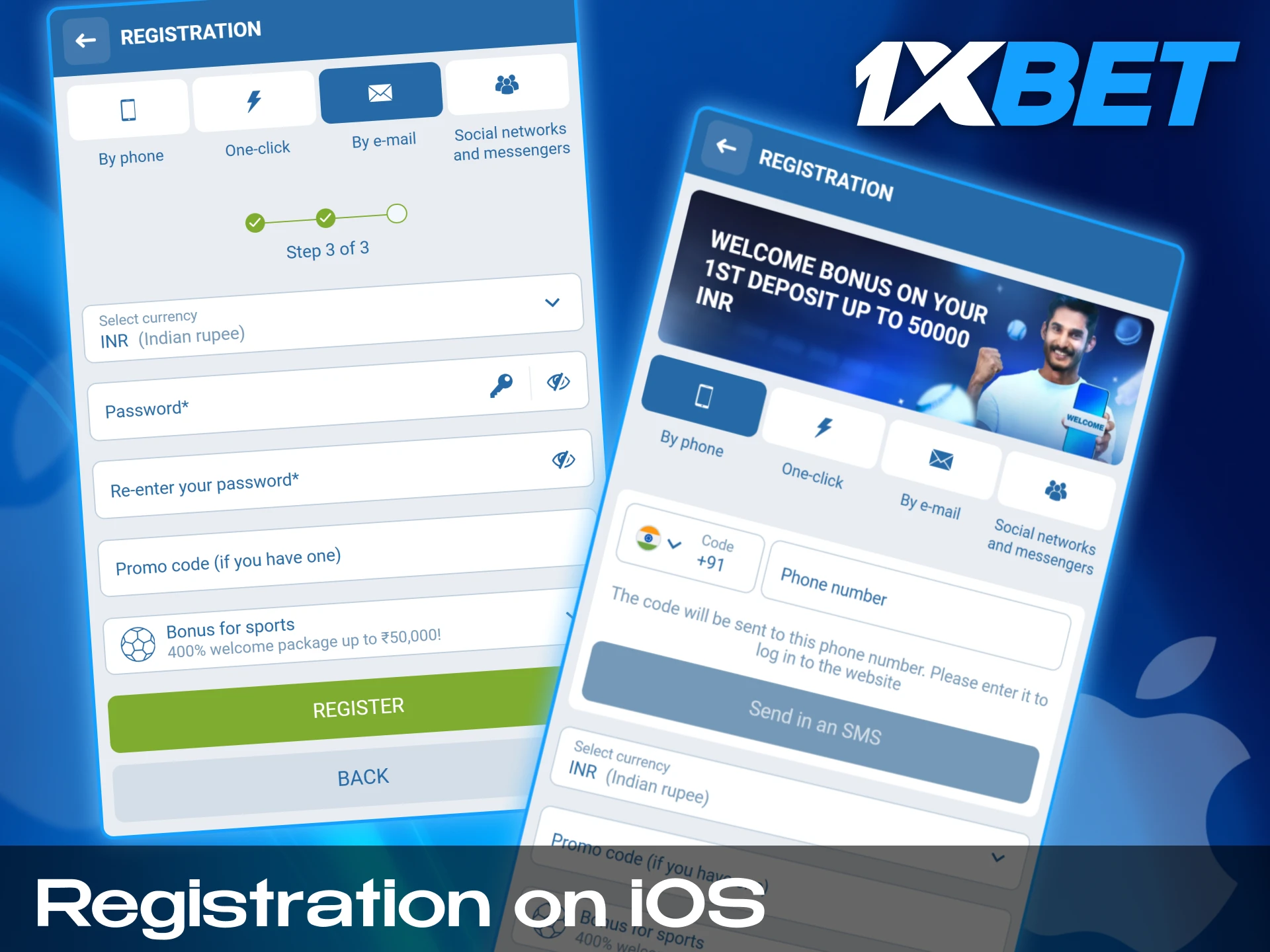 You can register in 1xbet via the app on your iOS device.